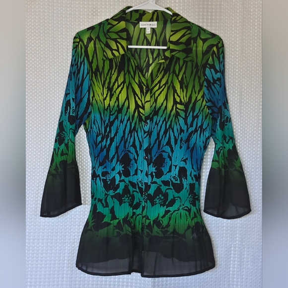 Sheer Chiffon Blouse Green Blue Ombre Floral Top Flowy Bell Sleeve Work to Weeke - Picture 10 of 11